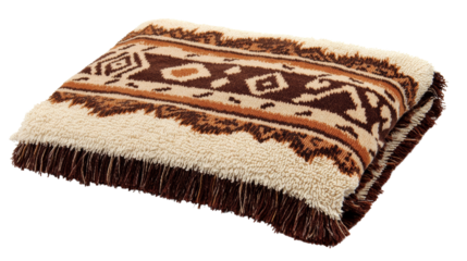 Cozy decorative throw pillow with patterns. A folded wool blanket featuring a warm, earthy-toned ethnic pattern with intricate geometric designs and fringed edges, isolated on a white background.