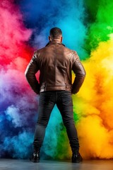 Man in Brown Leather Jacket Posing Against Vibrant Rainbow Smoke