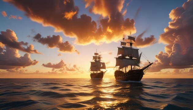 Un cielo dorado con atardecer rodeado por nubes pesadas y un gran barco pirata a la vista, pirate ship, sailing, seascape