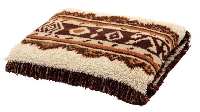 Cozy decorative throw pillow with patterns. A folded wool blanket featuring a warm, earthy-toned ethnic pattern with intricate geometric designs and fringed edges, isolated on a white background.