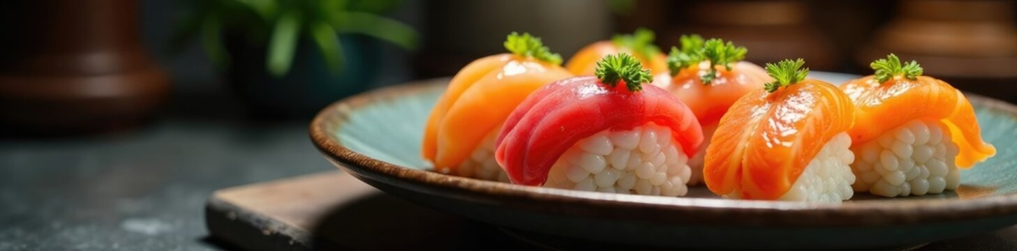 Un estante con un efecto de luz que hace resaltar los colores arco?ris del sushi, estante, presentaci?n, comida