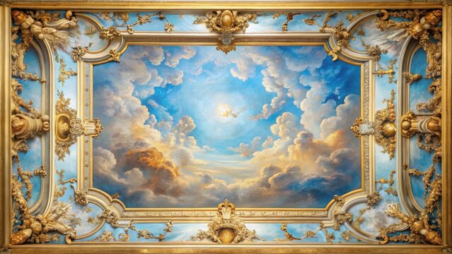 Ceiling Mural with Baroque Frame , baroque style art, blue sky heavenly ceiling painting