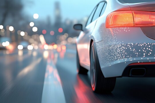 Modern vehicle using automatic emergency braking system on a wet road at night, preventing a possible collision with other cars