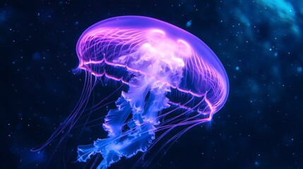 Obraz premium Bioluminescent jellyfish in dark aquarium. Underwater glowing marine life. Possible use for nature, science, education