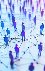 3D illustration of a detailed network with blue and purple human figures connected by lines on a white background, in a hyperrealistic style..