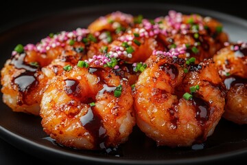 Fototapeta premium Gourmet shrimp appetizer drizzled with dark sauce sprinkled with herbs and colorful decorations on a sleek black plate studio shot