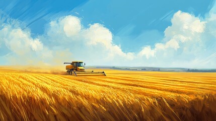 Obraz premium Golden Wheat Field Harvester Sunny Day