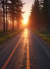 Obraz premium Vibrant colors of sunset reflecting on the race track in the forest, tranquil, forest