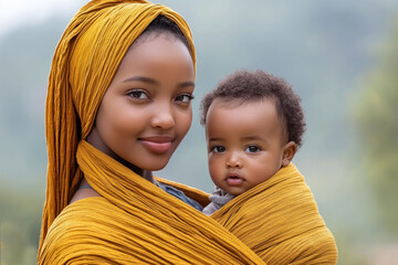 A young mother tenderly holds her baby close, both gazing at the camera with warm smiles.