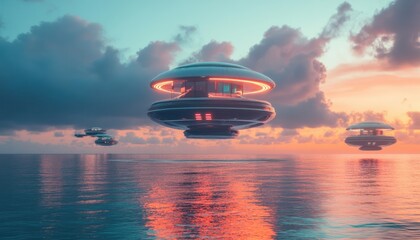 Naklejka premium Futuristic Floating Homes at Sunset