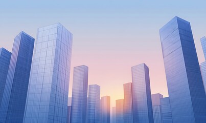 Obraz premium Modern city skyline at sunrise with abstract skyscrapers and soft pastel colors.