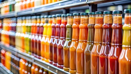 Barbecue sauce bottles on supermarket shelf, arranged neatly in rows, showcasing various colors and labels of different barbecue sauces displayed , aisle, barbecue sauces