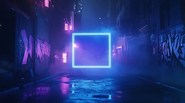 3D render of a glowing blue neon square frame in the center, with a smoky background featuring a dark city street, graffiti wall, and an empty virtual space for design..