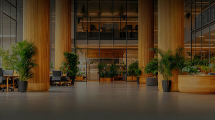 Modern office lobby, plants, wood