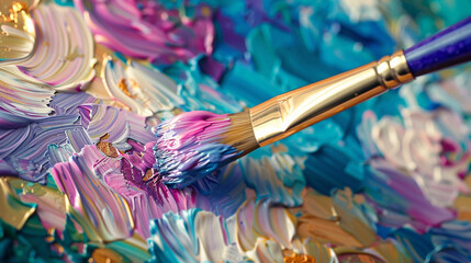 The magic of creativity unfolds as a brush spreads, vivid, glossy paint on a canvas.