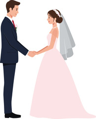 Romantic couple holding hands during a wedding ceremony in a minimalistic flat design vector illustration showcasing love, joy, and commitment in a serene atmosphere