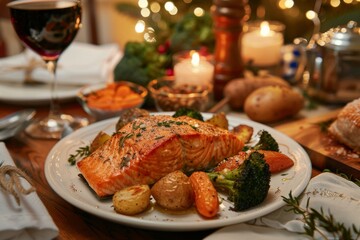 Festive grilled salmon with vegetables and holiday decor