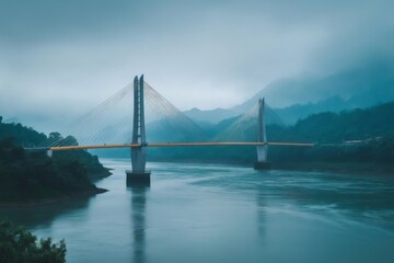 Obraz premium Cable stayed bridge crossing a river surrounded by lush vegetation and misty mountains, creating a serene and scenic view