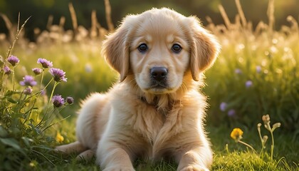 Golden Retriever Puppy Lying in a Meadow with Flowers and Sunlight