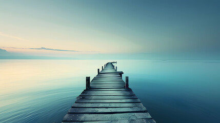 Obraz premium Serene Wooden Pier Extending into Calm Teal Lake at Dawn