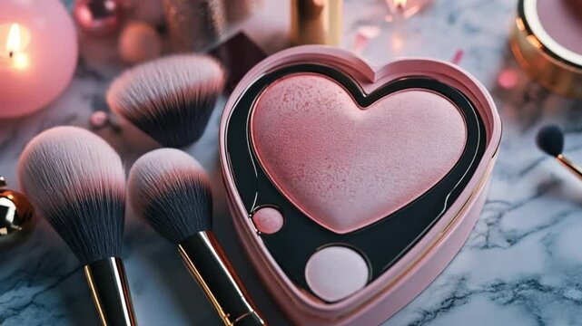 Heart-shaped blush compact with makeup brushes on marble surface. Possible use beauty product display