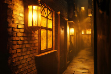 Warm yellow light illuminating narrow alley with old brick walls and lanterns at night creating a mysterious atmosphere