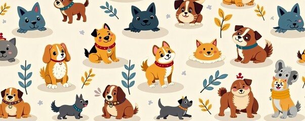 Obraz premium Seamless geometric vector pattern with cute cartoon dogs in various poses and colors, seamless, geometric