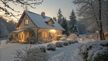 Fototapeta premium Warm lit cottage with snow-covered garden, frosty air, wooden beams