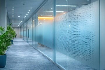 Office corridor with glass walls and frosted privacy film Modern workspace interior with a blue carpet and potted plants