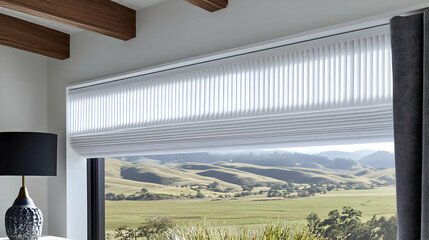 Window blinds, hills view, room decor