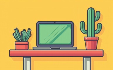 Minimalist illustration of a desk with a laptop and two cacti