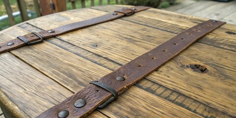 Weathered wooden table top with worn leather straps, rustic wooden table, patina wood, aged wood