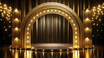 Elegant golden arch stage with soft lighting for luxury events setup, featuring a grand entrance and high-end decorations, surrounded by darkness and spotlight, high end, event