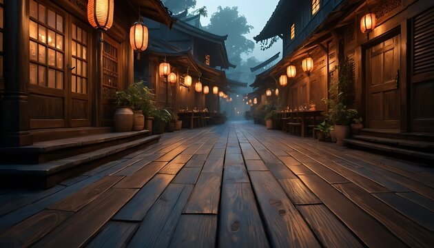 Exploring Traditional Japanese Townscape with Lanterns and Wooden Architecture