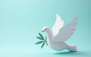 Fototapeta premium Paper Dove with Olive Branch on Teal Background