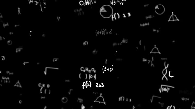 Futuristic animation of white mathematical and physics equations floating on a black background. Geometric shapes, formulas, symbols create a high-tech, scientific, abstract atmosphere of knowledge 4k