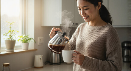 Smiling woman pouring coffee into cup in cozy kitchen