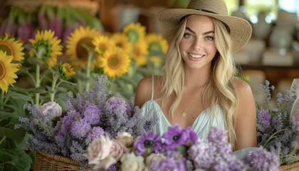 Smiling Woman with Blonde Hair Holding Basket of Purple and Pink Flowers