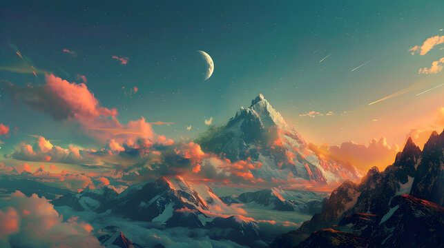 Snowy Mountain Peak at Sunset with Starry Sky