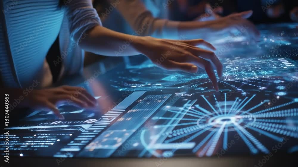 Poster software engineers analyze holographic data on a futuristic interactive touchscreen table, manipulat