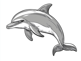 Cartoon Dolphin Drawn in Black and White for Coloring Book