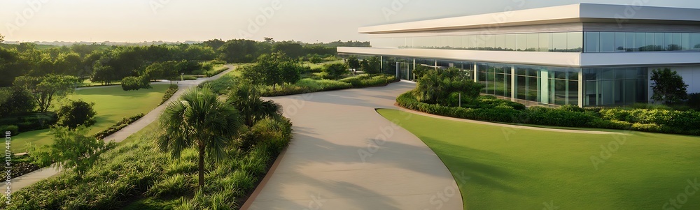 Aufkleber modern building surrounded by lush greenery and a winding path under a clear sky.