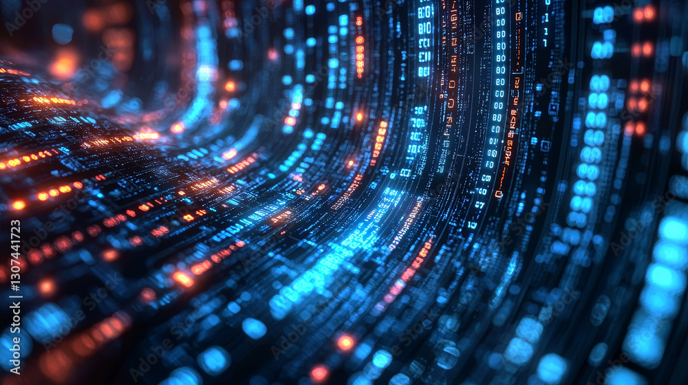 Poster digital data flow with glowing binary code and vibrant colors