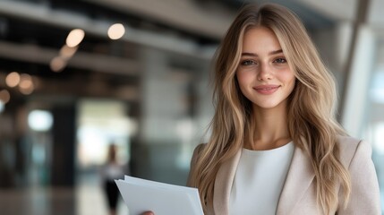 Young professional woman holding papers with a gentle smile