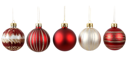 Five Red and Gold Ornaments Hanging, Isolated on White Background