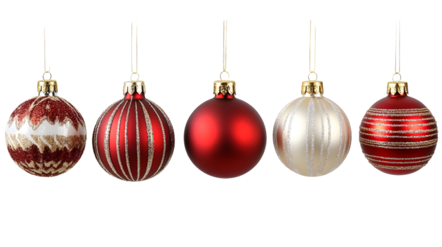 Five Red and Gold Ornaments Hanging, Isolated on White Background
