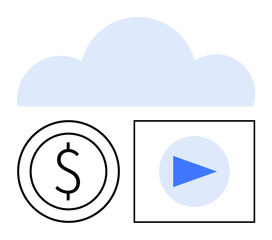 Cloud above currency coin and play button, symbolizing digital finance, video streaming, online storage. Ideal for technology, finance, media, innovation, connectivity cloud economy virtual