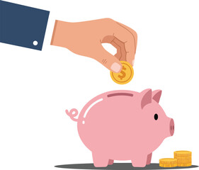 A hand depositing a gold coin into a pink piggy bank in a flat design style showcasing savings and financial growth in vector art