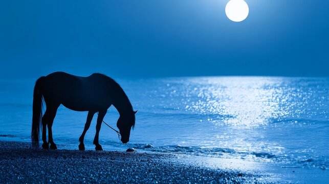 Serene Horse Silhouette Against Ocean Horizon at Night