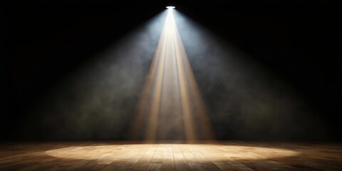 A spotlight shines down on an empty, darkened theater stage with a single spotlight casting a beam of light onto the dusty floor, theatre, shadows